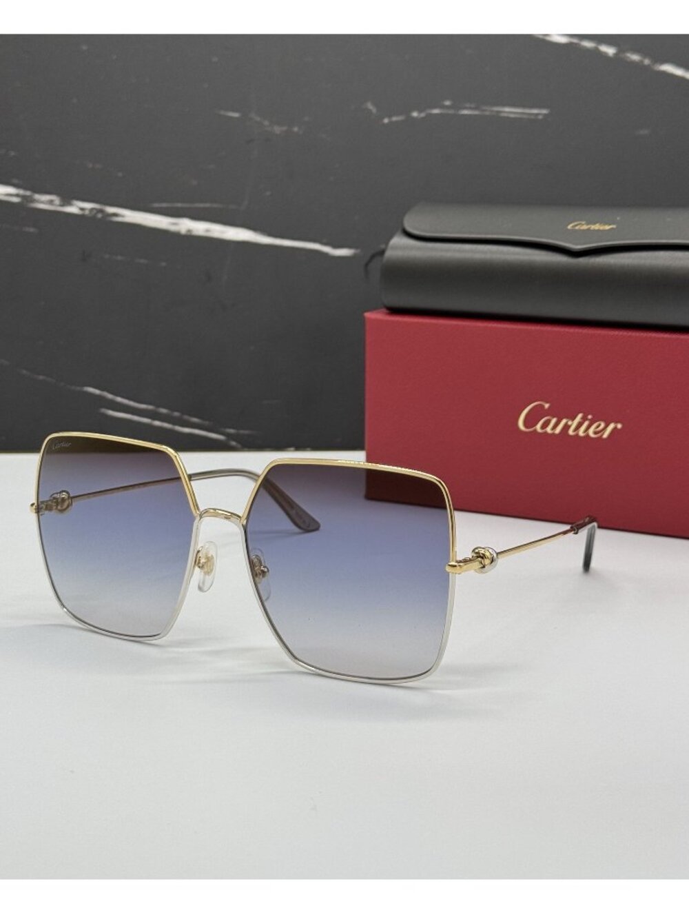 New Cartier CT0361S 001 Gold Blue Square Women Sunglasses Authentic